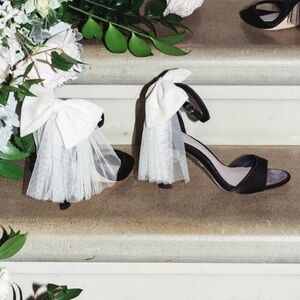 Chic Black and White Heels with Tulle Bow